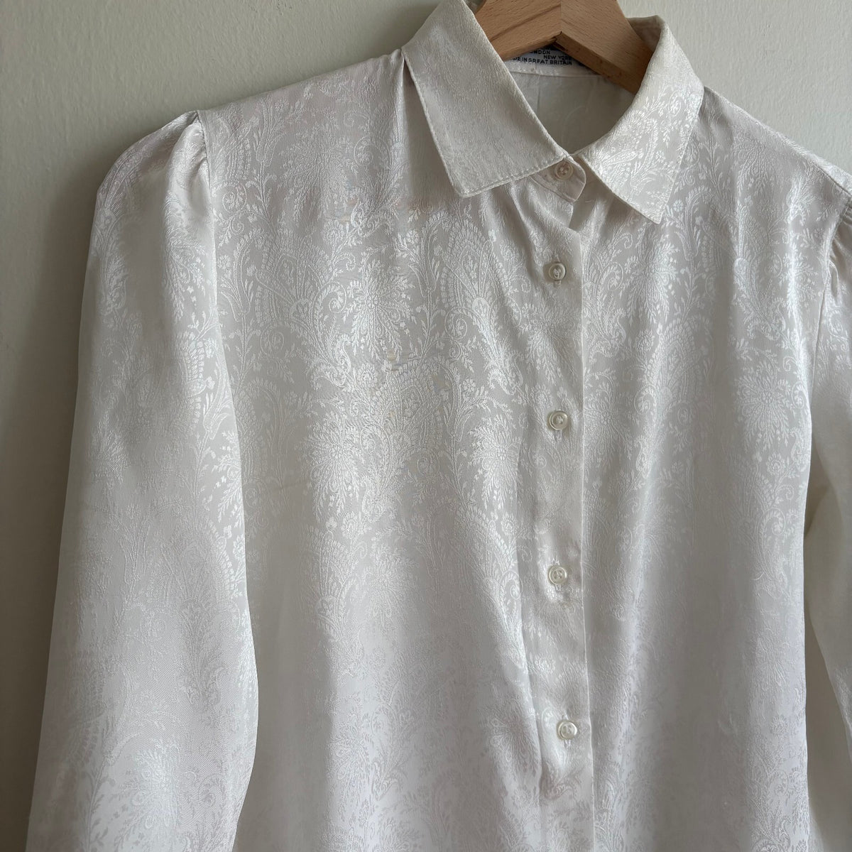 Vintage Jaeger | White Jacquard Puff Sleeve Blouse | Romantic 80s | UK 10