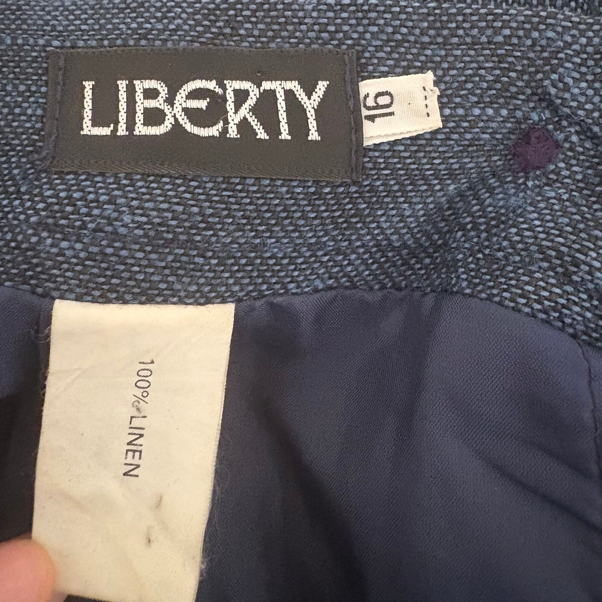 Vintage LIBERTY of London 100% Linen Navy Mini Skirt UK 12 Pencil High-Waist