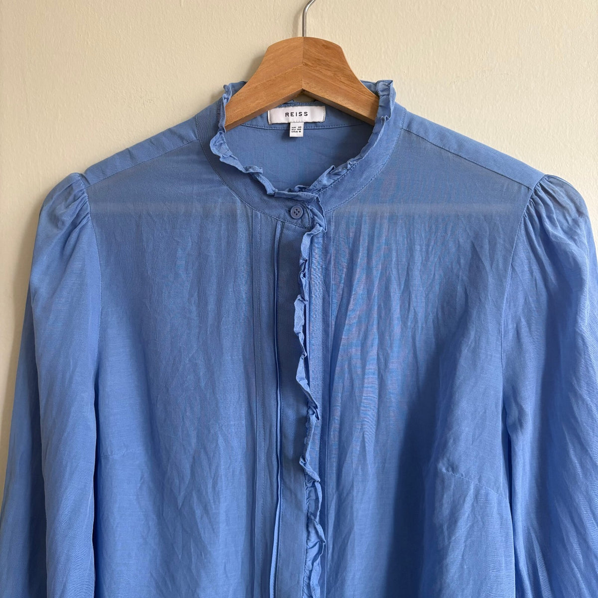 Reiss | Blue Cotton Silk Ruffle Blouse | Romantic Office Siren | Size 10