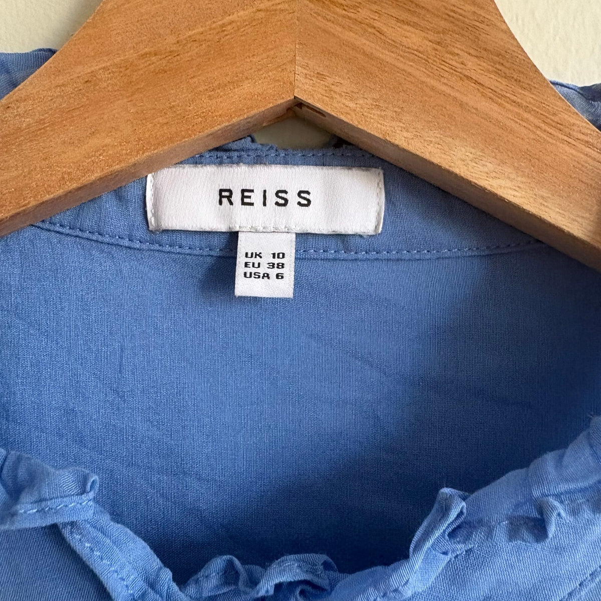 Reiss | Blue Cotton Silk Ruffle Blouse | Romantic Office Siren | Size 10