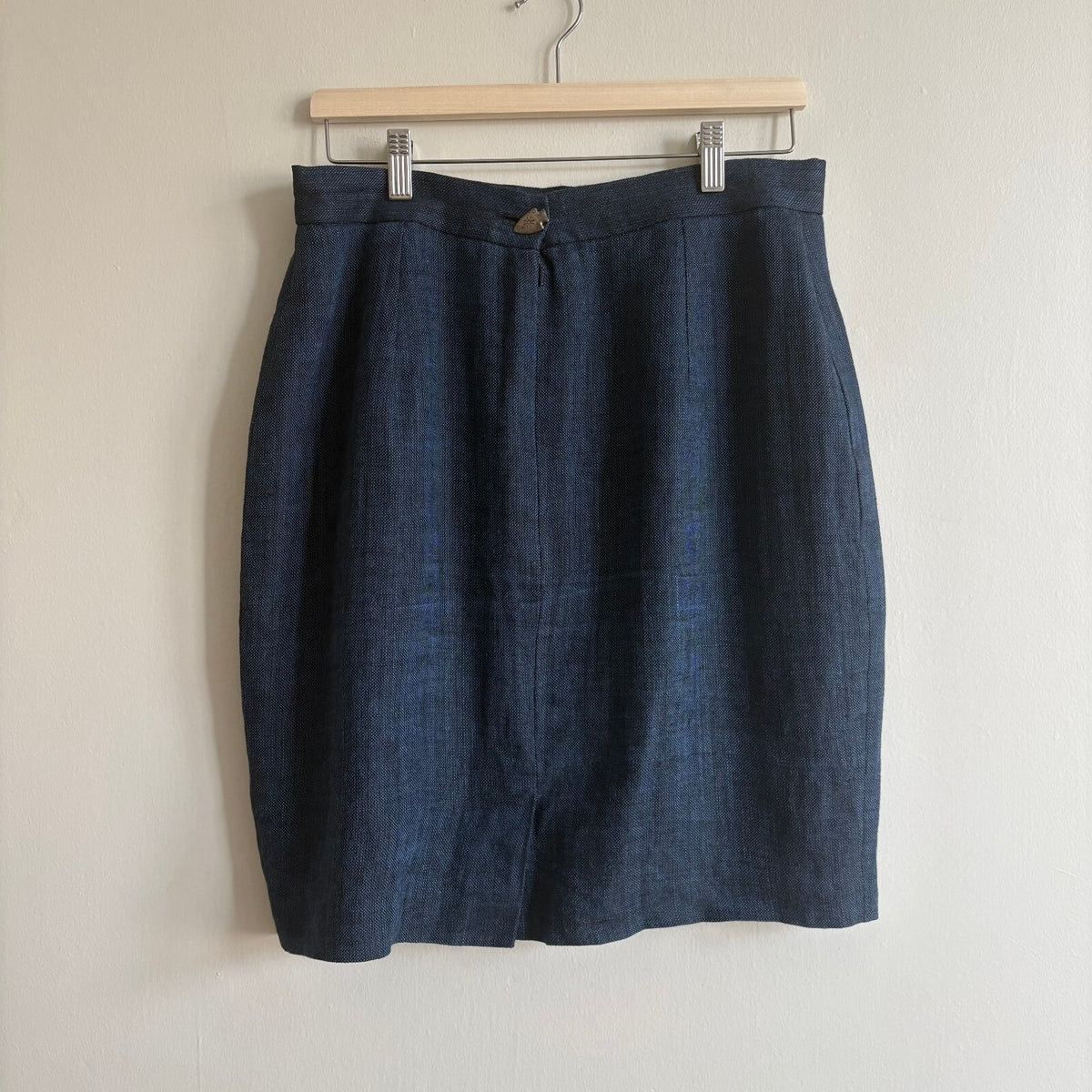 Vintage LIBERTY of London 100% Linen Navy Mini Skirt UK 12 Pencil High-Waist
