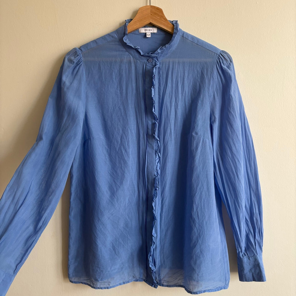 Reiss | Blue Cotton Silk Ruffle Blouse | Romantic Office Siren | Size 10