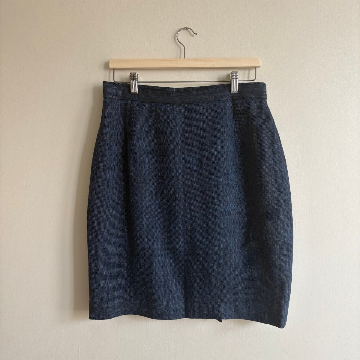 Vintage LIBERTY of London 100% Linen Navy Mini Skirt UK 12 Pencil High-Waist