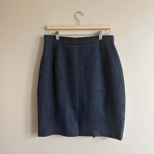 Vintage LIBERTY of London 100% Linen Navy Mini Skirt UK 12 Pencil High-Waist