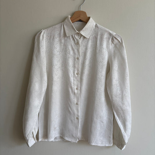 Vintage Jaeger | White Jacquard Puff Sleeve Blouse | Romantic 80s | UK 10